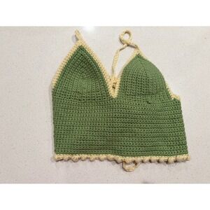 Crochet Halter Bralette Top Green Cream Lace Up Back Festival Boho